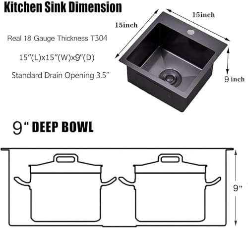 VAPSINT 15x15 Inch Black Drop In Bar Sink, Single Bowl Top Mount Handmade Gunmetal Black Wet Bar Prep RV Sink, 16 Guage Stainless Steel Outdoor Small Kitchen Sinks with Grid & Drain Strainer - Image 2