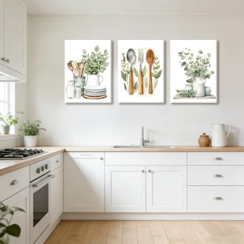 Doqueodas 3Pcs Sage Green Farmhouse Kitchen Canvas Wall Art 12x16Inch Frame - Image 4