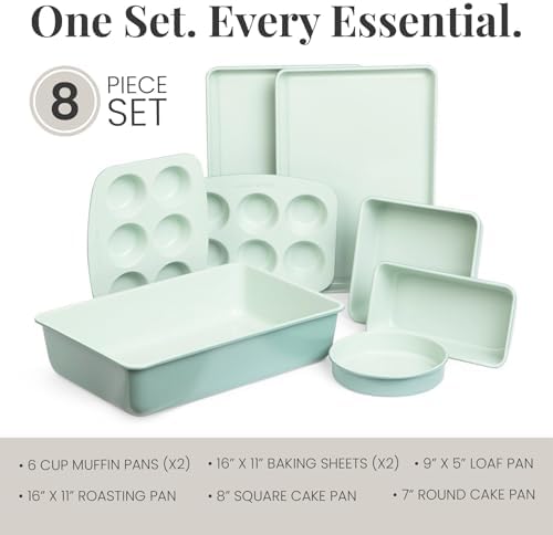 Larder & Vine 8-Piece Stackable Bakeware Set, Ceramic-Coated Nonstick Baking Pan Set, Non-Toxic, with Baking Sheets, Muffin Pan, Loaf Pan & Cake Pans, Sage - Image 3