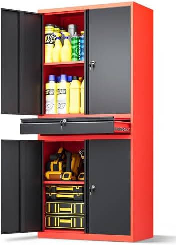 Metal Garage Storage Cabinet with Locking Doors and Drawer, 71" Steel Tool Storage Cabinet with Adjustable Shelves for Garage,Office,Warehouse (Red Black) by LISSIMO
