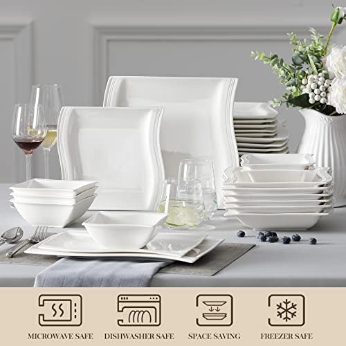 MALACASA Plates and Bowls Sets, 26 Pieces Ivory White Porcelain Dinnerware Sets without Mugs, Square Dinnerware with Dinner Plates, Bowls and Serving Platters, Modern Dish Set for 6, Series Flora - Image 4