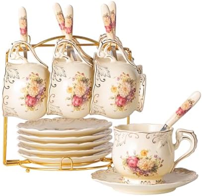 YOLIFE Tea Cups and Saucers Set of 6, 8 OZ Flowering Shrubs Coffee Cups by YOLIFE
