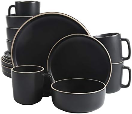 Gibson Home Zuma 16 Piece Round Kitchen Dinnerware Set, Dishes, Plates, Bowls, Mugs, Service for 4, Matte Stoneware, Black by GibsonHomewares