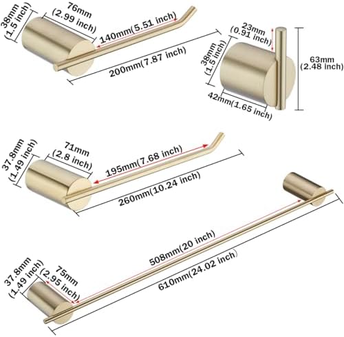 RANDOM Brushed Gold Bathroom Hardware Set 5 Pieces Include 24 inch Towel Bar 10 inch Hand Towel Holder Toilet Paper Holder Towel Hook for Bathroom,SUS304 Stainless Steel.RD96068S-5BG - Image 2