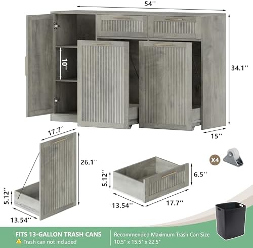 Double 13 Gallon Pull Out Trash Can Cabinet with Storage Cabinet,Wood Grey - Image 2