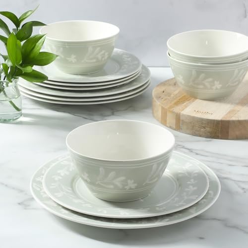 Martha Stewart Dinnerware Set - Maiden Crown 12-Piece Dish Set, Sage Green – New Bone China Ceramic Plates & Bowls – Floral Design – Service for 4 – Microwave & Dishwasher Safe - Image 6