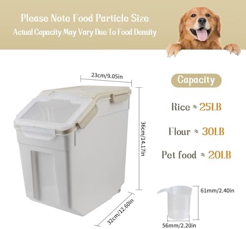 25LB Large Flour Storage Container Bin,4 Pack Airtight Plastic with Wheels Seal Locking Lid Dispenser Organizer Storage Bin with Measuring Cup & Scoop for Flour, Rice, Grain 100LBS Total，Grey - Image 2