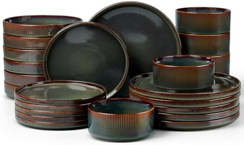LIANYU Dinnerware Sets with Pasta Bowls, 24 Piece Ribbed Dinnerware Plates and Bowls Set for 6, Elegant Modern Stoneware Dishes Set for Kitchen Dining, Microwave and Dishwasher Safe, Jungle Green by LIANYU