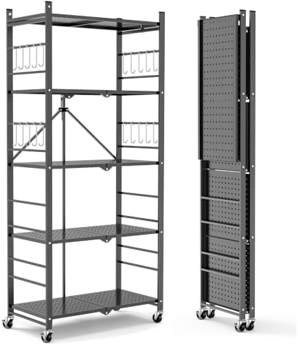 Himix 5-Tier Foldable Storage Shelves with 20 Hooks Wheels Grey Display by Himix