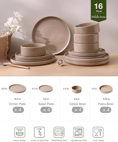 Famiware Nebula 16-Piece Dinnerware Set with Pasta Bowls, Cinnamon Brown - Image 2