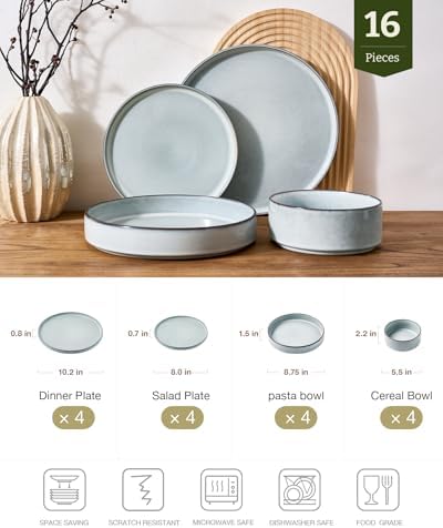 Famiware Annecy 16-Piece Dinnerware Set with Pasta Bowls, Grey Blue - Image 2