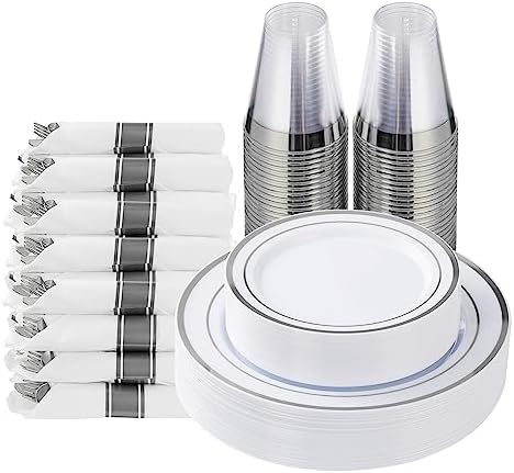 Goodluck 175 Piece Silver Plastic Dinnerware Set for 25 Guests by GoodLuck