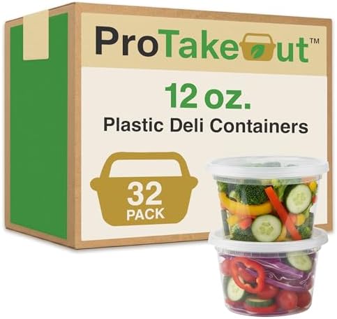 [12oz-32 Sets Plastic Deli Containers with Lids - BPA Free Clear Soup Containers with Airtight Lids, Leak Resistant Food Storage for Meal Prep, Stackable/Microwave/Dishwasher/Freezer Safe by ProTakeOut