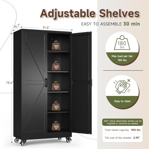 Letaya 75" Metal Garage Storage Cabinet with Wheels,Black Kitchen Pantry - Image 3