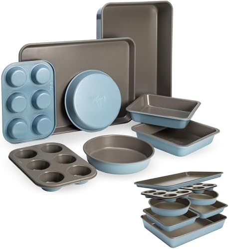 Goodful All-In-One Nonstick Bakeware Set, Stackable and Space Saving Design includes Round and Square Pans, Muffin Pans, Cookie Sheet and Roaster, Dishwasher Safe, 8-Piece, Blue Mist by Goodful