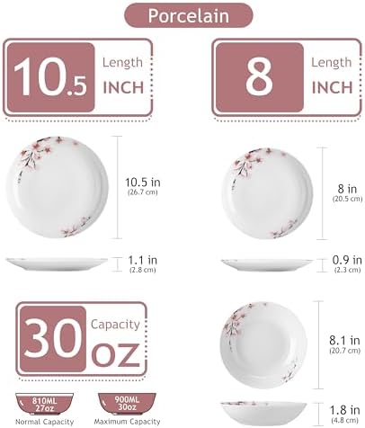VEWEET Porcelain Dinnerware Sets for 6, 18 Piece Pink Plates Bowls, ANNIE - Image 2
