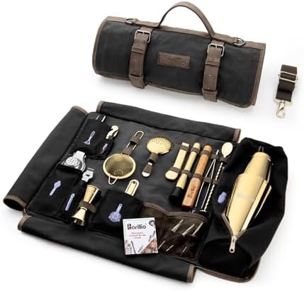 Barillio Bartender Kit Bag with Gold Cocktail Shaker Set - Waxed Canvas, Traveling Bar Tools Bag with 17-Pc Cocktail Kit - Travel Mixology Bartending Kits - Mobile Bar Roll with Strap & Accessories by Barillio