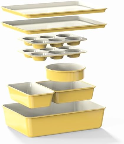 Larder & Vine 8-Piece Stackable Bakeware Set, Ceramic-Coated Nonstick Baking Pan Set, Non-Toxic, with Baking Sheets, Muffin Pan, Loaf Pan & Cake Pans, Limoncello by LarderVine