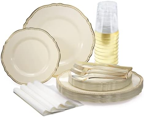 " OCCASIONS " 320pcs set (40 Guests)-Heavyweight Wedding Party Disposable Plastic Plate Set -40 x 10.25'' + 40 x 7.5'' + Silverware + Cups + Napkins (Rochelle Ivory & Gold) by OCCASIONSFINESTPLASTICTABLEWARE