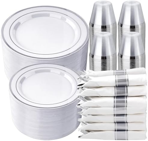 realluck 350 PCS White and Silver Plastic Dinnerware Set for 50 Guests, 100 Disposable Plates for Party, 50 Pre Rolled Napkins with Silver Silverware, 50 Cups by Realluck