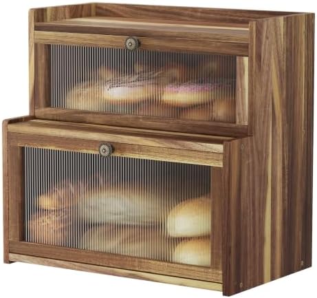 Double Layer Bread Box for Kitchen Countertop, Acacia Wood Bread Holder,Large Capacity Farmhouse Bread Storage Container Bin with Window, Pantry Food Organizer by Furshus