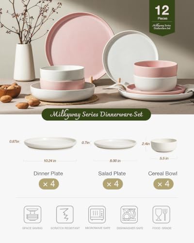 Famiware Milkyway 12-Piece Dinnerware Set, Matte Beige White & Light Pink - Image 2