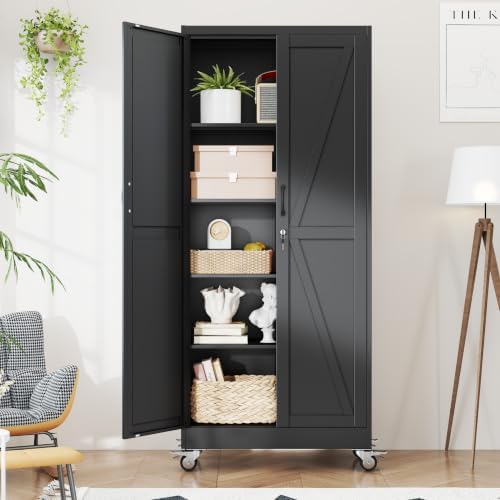 Metal Storage Cabinets with Wheels, Steel Tool Cabinets Lock Door and 4 Adjustable Shelves for Home Office, Garage, Kitchen (Black, 70.9" H) by Unknown