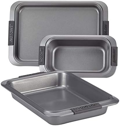 Anolon Advanced Nonstick Bakeware Set with Grips includes Nonstick Bread Pan, Cookie Sheet / Baking Sheet and Baking Pan - 3 Piece, Gray by Anolon