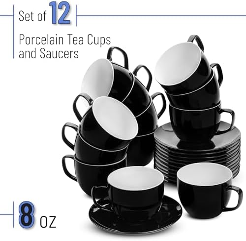 BTaT- Cappuccino Cups with Saucers 8 oz, Set of 12, Black Porcelain Coffee Cup and Saucer Set for Latte, Mocha, Tea, Au Lait, Flat White, Dishwasher, Microwave, Freezer and Oven Safe - Image 2