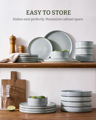 Famiware Annecy 16-Piece Dinnerware Set with Pasta Bowls, Grey Blue - Image 5