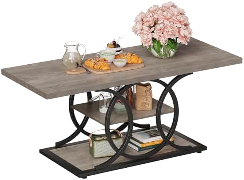 GiftGo Rustic Coffee Table with Storage Industrial 3 Tier Center Living Room Table Farmhouse Wooden Rectangle Cocktail Tea Table for Office Bedroom Elegant Full Moon Design (Vintage Gray, L-47) - Image 7
