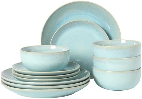 Gibson Elite Pine Coast Plates and Bowls Sets, 12-Piece Stoneware Dinnerware Sets, Reactive Glaze Dish Set - Blue by GibsonHomewares