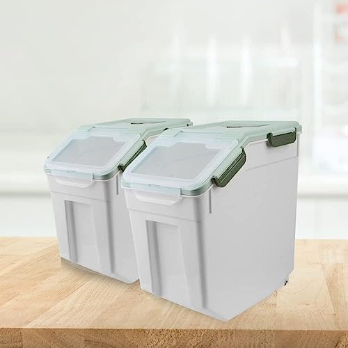 25LB Large Flour Storage Container Bin,Green Airtight Plastic with Wheels Seal Locking Lid Dispenser Organizer Storage Bin with Measuring Cup & Scoop for Flour, Rice, Grain，Set of 4 - Image 2