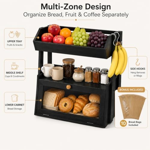 3-Tier Bamboo Bread Box for Kitchen Countertop with Fruit Basket - Image 2