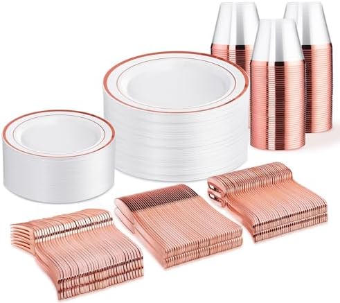 WELLIFE 300 PCS Rose Gold Disposable Dinnerware Set for 50 Guests by WELLIFE