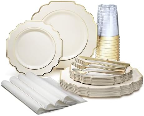 " OCCASIONS " 640 Piece set (80 Guests)-Heavyweight Wedding Party Disposable Plastic Plate Set - 80 x 10.5'' + 80 x 8'' + Silverware + Cups + Napkins (Imperial Ivory & Gold) by OCCASIONSFINESTPLASTICTABLEWARE