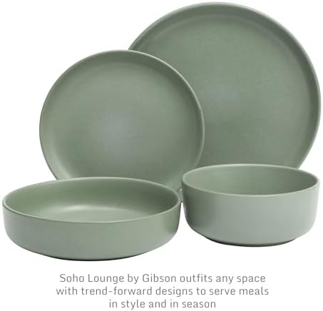 Gibson Elite Pasco 16 Piece (Service for 4) Plates and Bowls Double Bowl Reactive Glaze Dishes Stoneware Ceramic Dinnerware Set - Green - Image 3