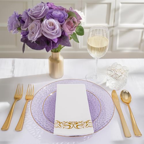 Rubtlamp 350 Pcs Clear Purple Plastic Plates, Gold Plastic Dinnerware Set (50 Guests), Purple Disposable Plates With Gold Rim, Hammered Party Plates Set for Wedding And Party - Image 6
