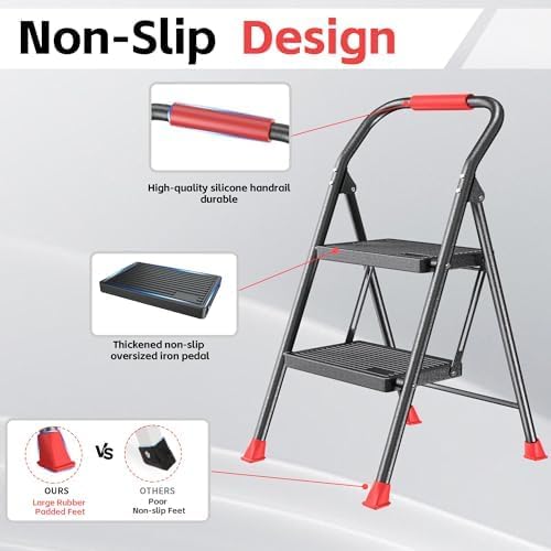 Step Ladder Foldable Folding Stool - for Home Adults Kitchen 2 Stepping Extension Tall Heavy Duty with Handrails - Closet Stepstool Stair Ladders Extendable Stepladder for Indoor House 600Lbs - Image 4
