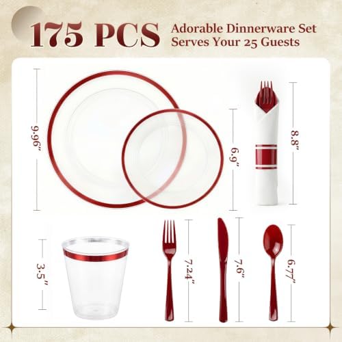 Clear Red Plastic Plates Dinnerware Sets for 175PCS 25 Guests - Image 5