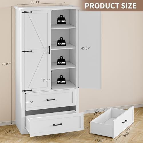 BORNOON Pantry Organizers and Storage Cabinet, 71” Barn Door White Kitchen Cabinet with Drawers and Adjustable Shelf, Tall Pantry for Kitchen, Dining Room, Living Room. Bathroom and Office - Image 2