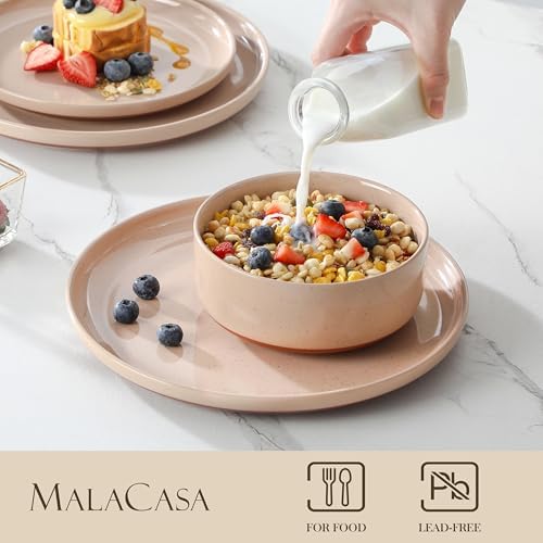 MALACASA Plates and Bowls Sets, 12 Pieces Modern Stoneware Dinnerware Set for 4 Kitchen Dinner Set Ceramic Dishware Dishes Set Microwave and Dishwasher Safe, Pink, Series TARA - Image 3