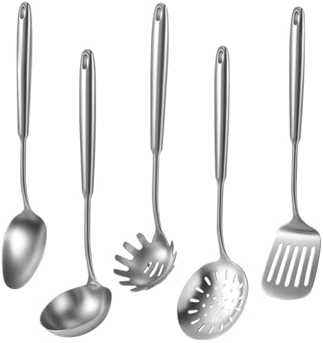 5 Pcs Newness Cooking Utensils Set, 304 Stainless Steel Kitchen Utensils Set, Metal Kitchen Accessories, Include Soup Ladle, Slotted Skimmer Spoon, Spaghetti Spoon and Spatula, Dishwasher Safe by NewnessFocusOnStainlessSteel