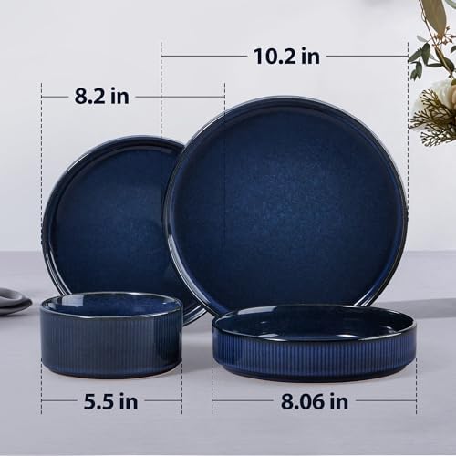 LIANYU Dinnerware Sets with Pasta Bowls, 8 Piece Ribbed Plates and Bowls for 2, Modern Ceramic Stoneware Dishes for Kitchen Dining, Microwave and Dishwasher Safe, Twilight Blue - Image 2