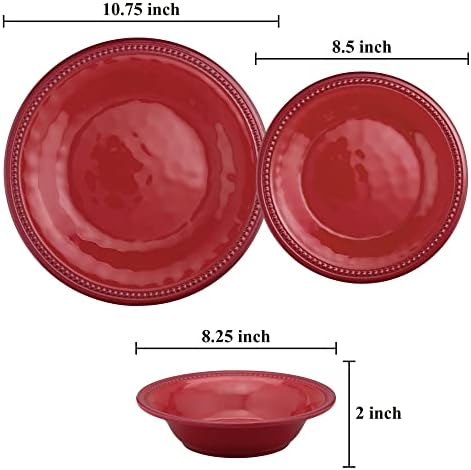 UPware 12 Piece Beaded Melamine Dinnerware Sets, Outdoor Dishes Set, Plates and Bowls Sets, Service for 4, Red - Image 3