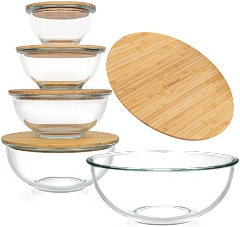Stackable Glass Mixing Bowls with Bamboo Lids Set of 5 by Dokaworld