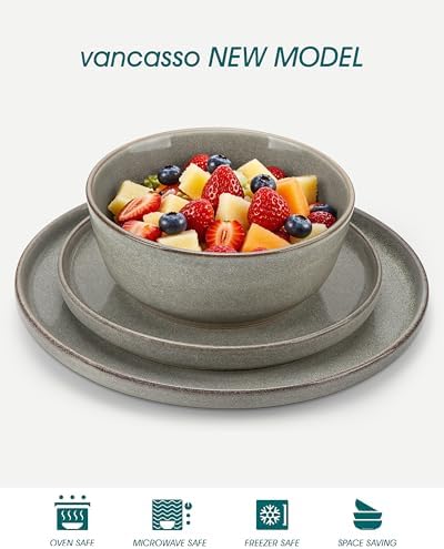 vancasso ANYA 18 Pieces Plates and Bowls Set, Stone Grey Dinnerware Sets, Reactive Glaze Dishes Set for 6, Ceramic Dishware Sets Kitchen Dinner Set, Microwave & Dishwasher Safe - Image 3