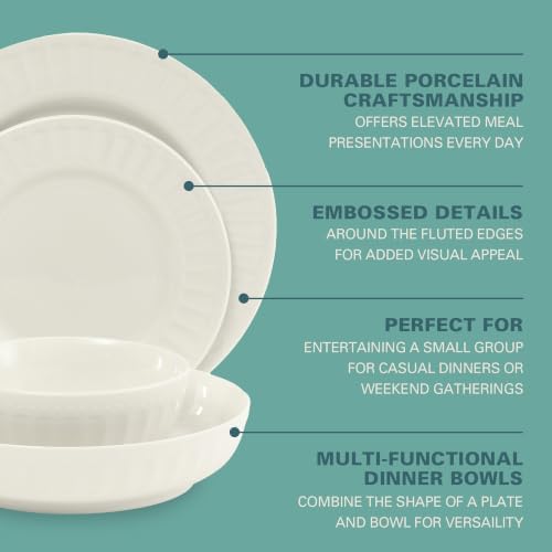 Gibson Home Melbourne White Plates and Bowls Set, 16 Piece Embossed Ceramic Dinnerware Set - Service for 4 Dishes - With Pasta Bowl - Image 3