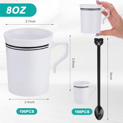 Bokon 100Pcs 8oz White Plastic Tea Cups with Handle & Spoon - Image 2