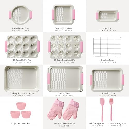Kikcoin 25-Piece Nonstick Baking Pans Set with Large Turkey Roasting Pan, Stackable Bakeware Set, 450°F Oven Safe Baking Sheet Set with Silicone Handles, Carbon Steel Cookie Sheets for Baking, Pink - Image 2